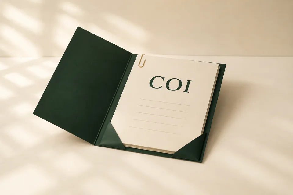 Illustration of a document folder marked COI.